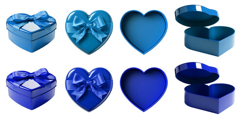  2 Set of dark light blue turquoise gift present heart love shape box with bow ribbon on transparent cutout PNG. Mockup template for design. perspective open close side flat lay view different angle