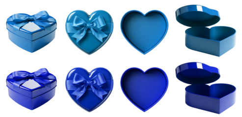 2 Set of dark light blue turquoise gift present heart love shape box with bow ribbon on transparent cutout PNG. Mockup template for design. perspective open close side flat lay view different angle