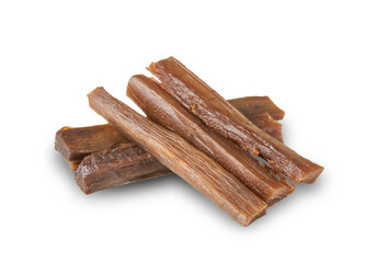 closeup pile of black pickle burdock root isolated on white background cutout