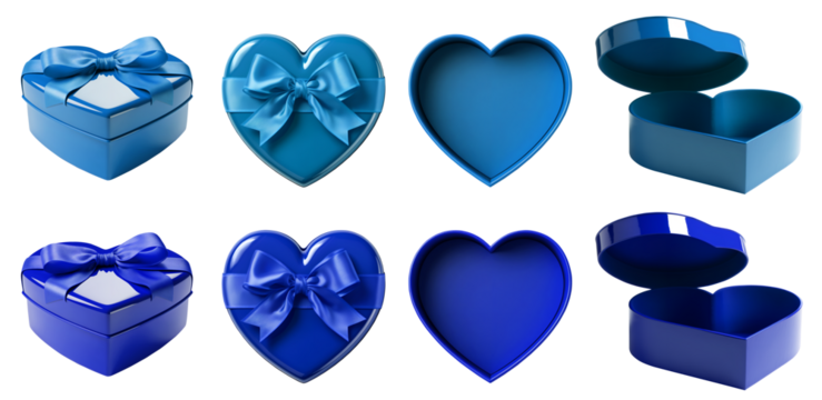  2 Set of dark light blue turquoise gift present heart love shape box with bow ribbon on transparent cutout PNG. Mockup template for design. perspective open close side flat lay view different angle