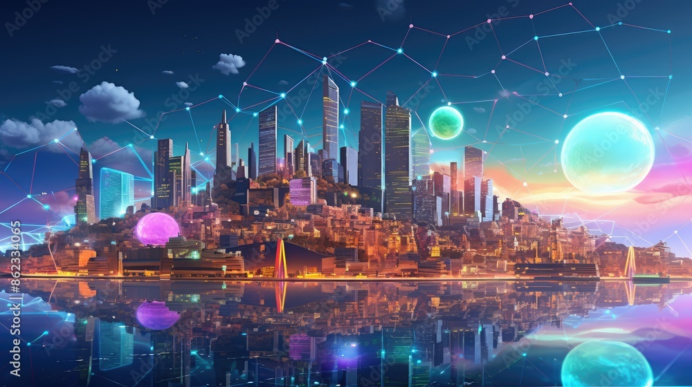 Poster futuristic cityscape with blockchain nodes