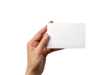 Obraz premium Business card mockup. Women hand-holding recycled paper blank business cards isolated on a transparent background