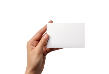 Business card mockup. Women hand-holding recycled paper blank business cards isolated on a transparent background