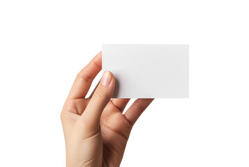 Fototapeta premium Business card mockup. Women hand-holding recycled paper blank business cards isolated on a transparent background