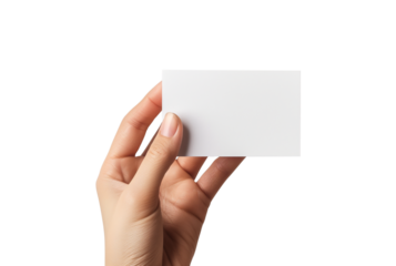 Business card mockup. Women hand-holding recycled paper blank business cards isolated on a transparent background