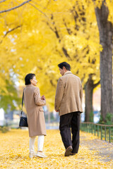 イチョウ並木を散歩するシニア夫婦