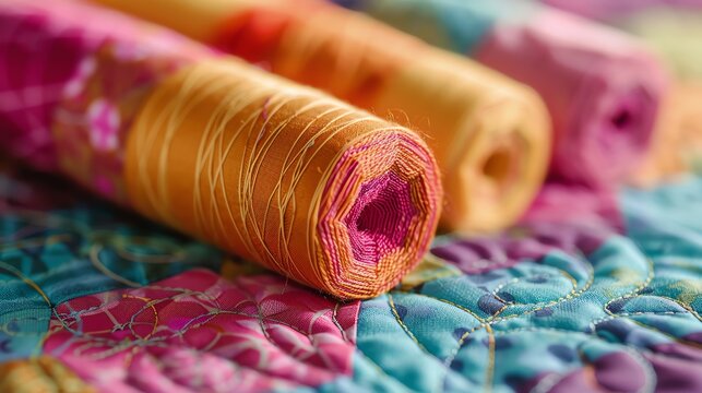 Close-up of colorful fabric rolls on a quilt, showcasing vibrant textile patterns and textures. Perfect for sewing and crafting enthusiasts.