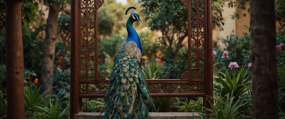 Fototapeta premium Chinoiseries peacock, Birds Palace garden royal Wallpaper moroccan decorative garden with peacock frame.