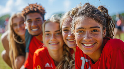 Fototapeta premium Energetic Athletes Ready for the Season: Team Photo Day on Sunny Field