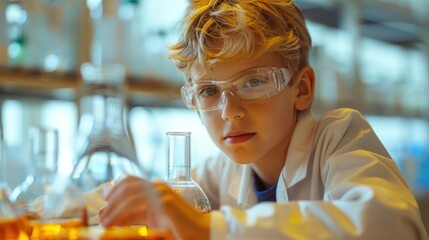 Curious Young Scientist in Lab - A young boy wearing a lab coat and glasses, surrounded by beakers and test tubes, exploring science in a laboratory.
