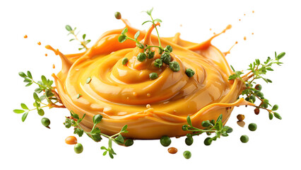 Fresh creamy sauce splash with herb and peas, isolated on white background. Vibrant and delicious culinary ingredient.