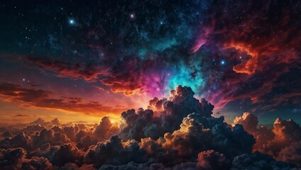 A vibrant digital artwork displaying a cosmic cloudscape with a dazzling array of colors.