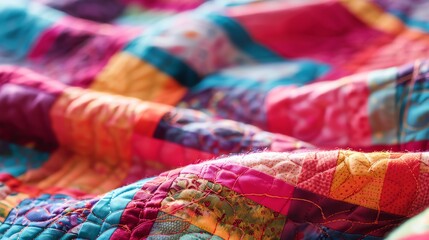 Colorful handmade patchwork quilt with vibrant fabric pieces, showcasing detailed stitching and a warm, cozy texture in close-up view.