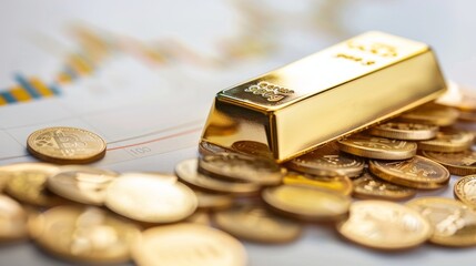 gold bar on top of a pile of coins with a background. financial gold crisis concept