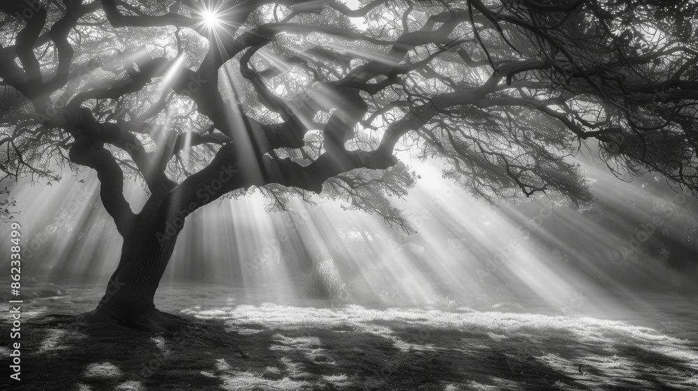Poster sunlight filters through the twisted branches of a tree creating intricate patterns on the ground. b