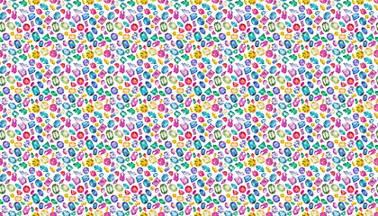 A seamless pattern of colorful gemstones, arranged in random sizes and shapes on white background, creating an enchanting display of vibrant colors and sparkling diamonds