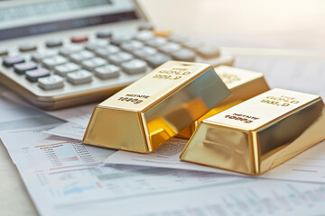 Three gold bars on financial documents with a calculator in the background suggesting investment or wealth concept