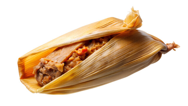Steamed tamale with filling, wrapped in corn husk, isolated on white background. Traditional Mexican cuisine, authentic and delicious delight.