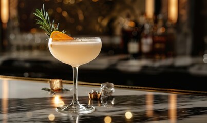 Naklejka premium A Refreshing Cocktail Garnishing With Orange and Rosemary on a Marble Tabletop