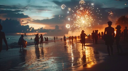 Beach partypeople celebrating 4th of July onsunny day.