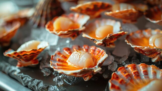 Close up of raw fresh scallops presented on their shells ready to be cooked and prepared for a delicious gourmet culinary dish or meal  The scallops display a natural