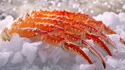 Freshly harvested king crab legs in their natural bright orange red color artfully arranged on a bed of crisp white ice