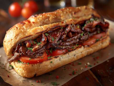 a long bread with full creamy meat barberque flavour and tomato