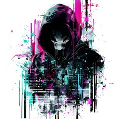 T-shirt pattern design of a cyberpunk hacker collective, digital graffiti, Suitable for t-shirt or sticker ready to print.[A-0001]