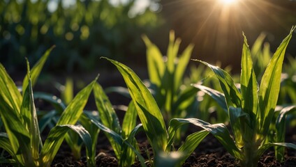 Vibrant corn seedlings reaching towards the sun with a beautiful sunflare effect.