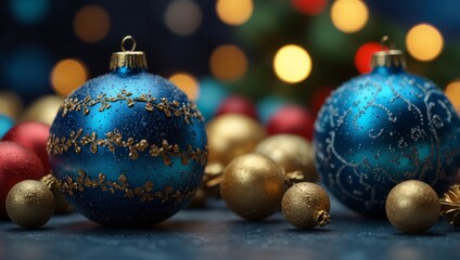 Image of christmas greetings in russian over decorations on blue background.