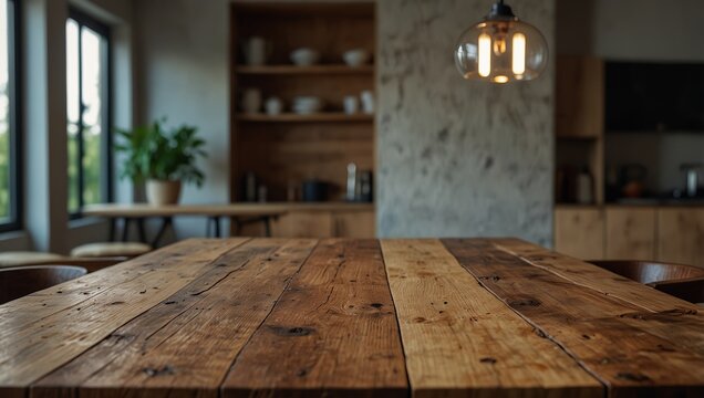 Large rustic dinning table made of wooden slab in modern kitchen room, minimal interior design background, extra wide.