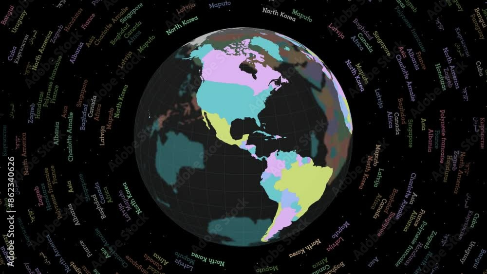 Poster rotating globe. dark translucent globe with round geographical names text. amazing spinning planet. 