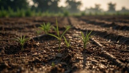 Deforestation and global warming cause drought and cracks in soil, harming rice crops while plants struggle to survive.