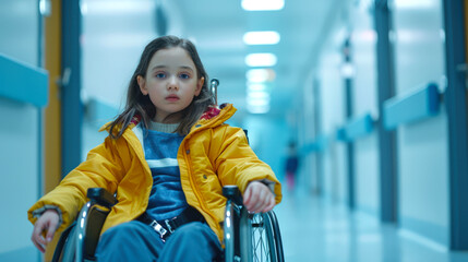 A sad, unhappy young disabled girl in a wheelchair is sitting in the corridor of the hospital. She's wearing a yellow jacket and she's saddened by what's happening
