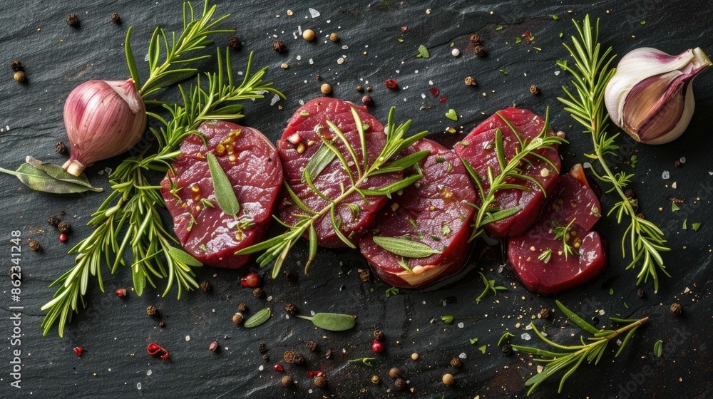 Aufkleber close up image of raw venison slices neatly arranged with fresh aromatic herbs like rosemary and gar