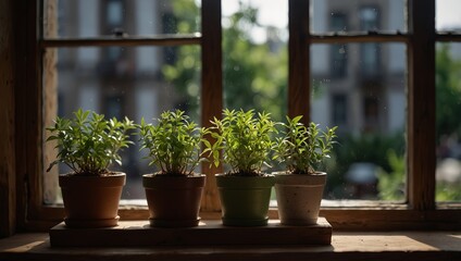 Healthy potted green plants displayed on a well-lit wooden window ledge.