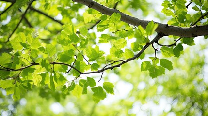 Fresh green leaves budding on tree branches