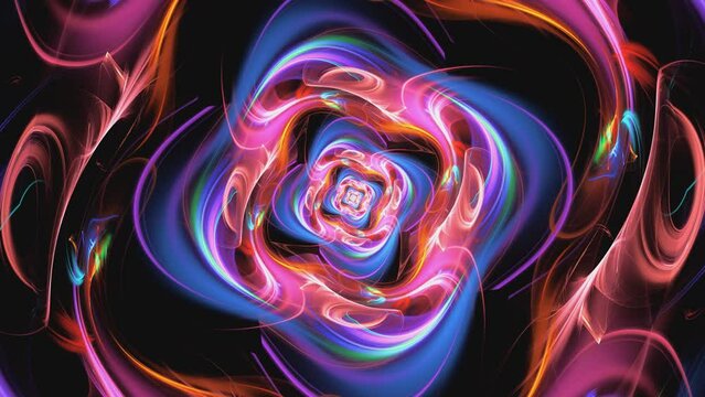Fractal multicolored elements circulating, moving randomly on dark, forming squarish spiral in center. Abstract vivid chaos metamorphoses. Glowing background hypnotic transformation. 4K UHD 4096x2304