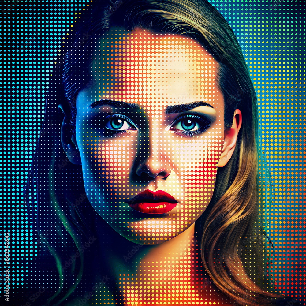 Wall mural Abstract woman portrait sad emotional,   halftone dotted effect