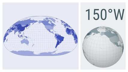 Animated world map in Loximuthal projection. Colored countries style. Loopable animation showing longitude shift and matching globe.