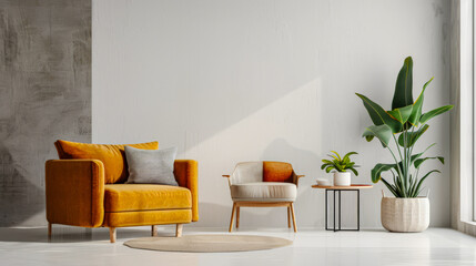 Luxurious apartment interiors with ample spaces, big windows providing natural lighting and elegant minimalist furniture. Luxury property interiors composition for home decor.