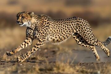 A dramatic image of a cheetah sprinting across the African plains, its sleek body and powerful legs captured in mid-stride