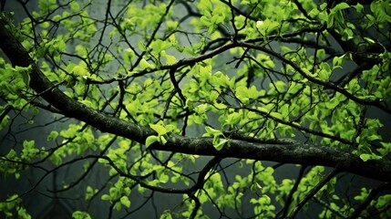Fresh green leaves budding on tree branches