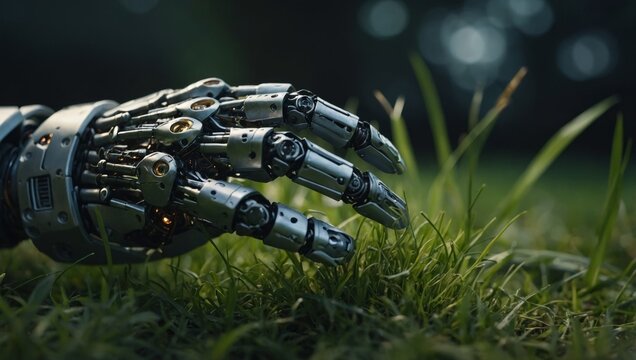 Grass hand touching robot hand, poligons.