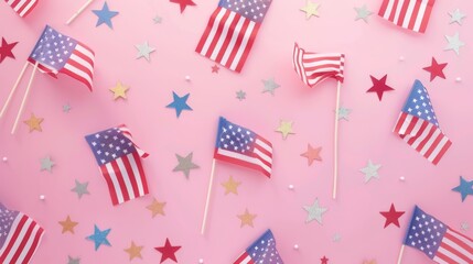 Obraz premium Small American flags and stars onpink background for patriotic designs.
