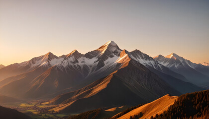 Majestic panorama of snow-capped mountain peaks at sunrise, with vibrant orange and pink hues painting the sky Generative AI