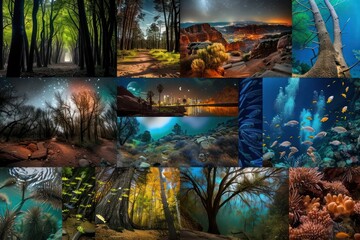A dynamic collage composed of various images, including serene forest paths, bustling city nightlife, serene desert landscapes, and vibrant underwater scenes