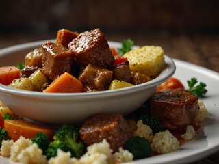 Perfect scouse with meat and vegetables stew from Liverpool close-up in a plate on the table Horizontal.