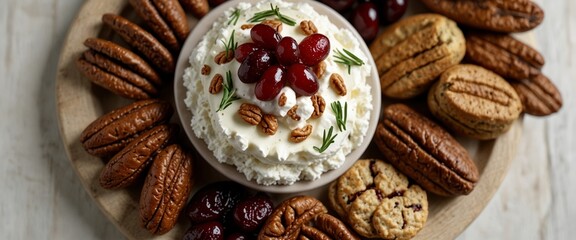 Platter of holiday appetizers with cranberries, goat cheese and pecans Top view serving scene on a white wood background.