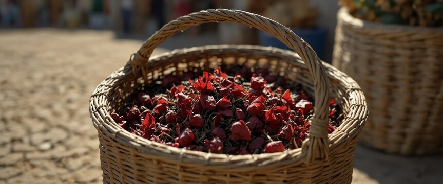 Dry karkade tea leaves in the wicker basket on the street market Sharm el Sheikh, Egypt Dry herb hibiscus for tea in baskets Arabic herbs on traditional bazaar.
